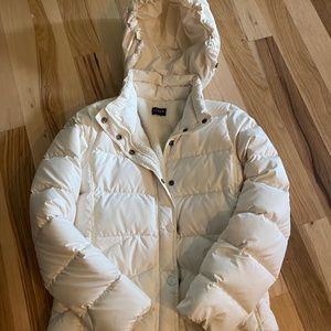 J. Crew White Down Puffer Jacket Fleece Lining Removable Hood Size Large
